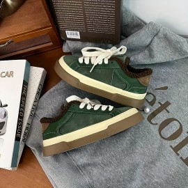 Women'S Fleece-Lined Warm Flat Skate Shoes, Lace-Up Snow Sports Shoes, Retro Minimalist Design, Low-Top Round Toe, Comfortable And Warm, Suitable for Daily Casual Wear in Autumn And Winter, Outdoor Hiking.