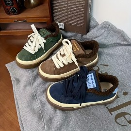 Women'S Fleece-Lined Warm Flat Skate Shoes, Lace-Up Snow Sports Shoes, Retro Minimalist Design, Low-Top Round Toe, Comfortable And Warm, Suitable for Daily Casual Wear in Autumn And Winter, Outdoor Hiking.