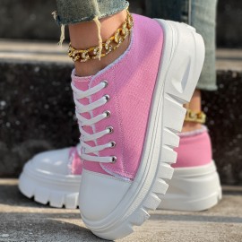 Round-Toed Thick-Soled Platform Shoes Paired with Lace-Up Solid Color Casual Sneakers