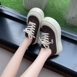 Women'S Casual Canvas Sneakers - Versatile Thick Sole, Round Toe, Lace-Up Design, Brown, All-Season Comfort Shoes, Comfortable Walking Shoes | Round Toe Sneakers | Durable Rubber Sole