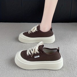 Women'S Casual Canvas Sneakers - Versatile Thick Sole, Round Toe, Lace-Up Design, Brown, All-Season Comfort Shoes, Comfortable Walking Shoes | Round Toe Sneakers | Durable Rubber Sole