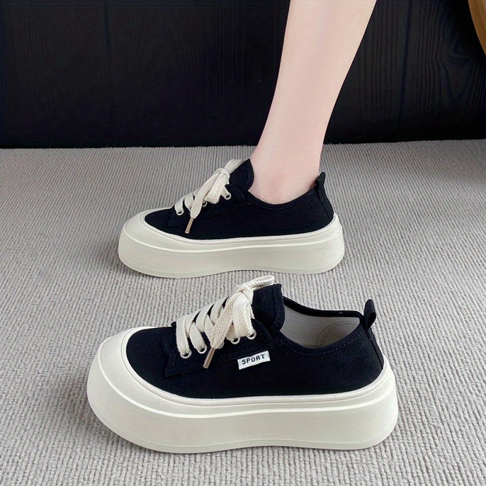 Women'S Casual Canvas Sneakers - Versatile Thick Sole, Round Toe, Lace-Up Design, Brown, All-Season Comfort Shoes, Comfortable Walking Shoes | Round Toe Sneakers | Durable Rubber Sole