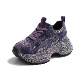 Women's Rhinestone-Encrusted -Style Chunky Platform Sneakers - Height-Increasing Thick-Soled Rhinestone-Toe & Heel, Round-Toe Casual s (Purple) | All-Season /PVC/Rubber for Parties, Prom, Casual Attire - No-Washable