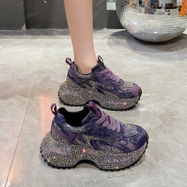 Women's Rhinestone-Encrusted -Style Chunky Platform Sneakers - Height-Increasing Thick-Soled Rhinestone-Toe & Heel, Round-Toe Casual s (Purple) | All-Season /PVC/Rubber for Parties, Prom, Casual Attire - No-Washable