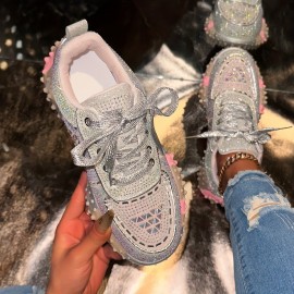 [Stylish Sneakers for Women] Stylish Women's Glittery Rhinestone-Embellished Low-Top Sneakers | Breathable PU Cover, Thick Cushioned Sole, Lace-Up Casual Shoes for All-Season Comfort, Ladies Sneakers, Comfortable Footwear, Durable Footwear