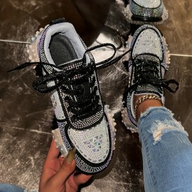 [Stylish Sneakers for Women] Stylish Women's Glittery Rhinestone-Embellished Low-Top Sneakers | Breathable PU Cover, Thick Cushioned Sole, Lace-Up Casual Shoes for All-Season Comfort, Ladies Sneakers, Comfortable Footwear, Durable Footwear