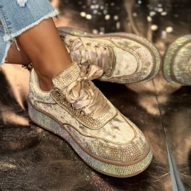 Women'S Glittery Rhinestone-Embellished Chunky Platform Sneakers - Black & White Low-Top Lace-Up Shoes with Round Toe, All-Season Comfort for Casual & Outdoor Wear, Ladies Sneakers, Shoe/sneaker For Women/lady, Basket For Women