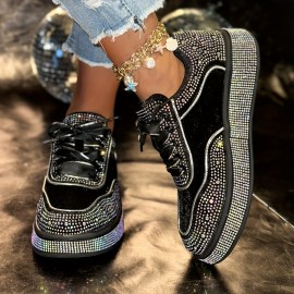 Women'S Glittery Rhinestone-Embellished Chunky Platform Sneakers - Black & White Low-Top Lace-Up Shoes with Round Toe, All-Season Comfort for Casual & Outdoor Wear, Ladies Sneakers, Shoe/sneaker For Women/lady, Basket For Women