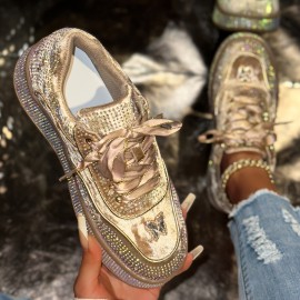 Women'S Glittery Low-Top Sneakers - All-Season Lace-Up Shoes with Sparkling Accents, Breathable Fabric Upper & Durable Rubber Sole for Casual Outdoor Wear, Ladies Sneakers