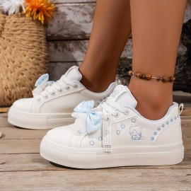 Women's Low-Top Sneakers - Lace-Up Shoes with Bow Accent, Synthetic Cover Upper & Non-Slip Rubber Sole - White & Pastel Blue Everyday Casual Shoes for Women - All-Season Fashion Footwear, Versatile Footwear, Playful Design, Comfortable Lining, Trendy Shoppers