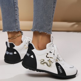 Women'S Comfortable Casual Sneakers - Stylish Black & Golden Dragon Design, Breathable Fabric & Synthetic Upper, Durable Rubber Sole, Lace-Up Low-Top Running Shoes for All-Season Wear, Ladies Sneakers