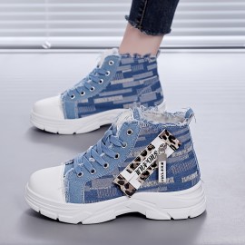 [Distressed High-Top Sneakers] Distressed High-Top Sneakers for Women | Fashion Casual Style, Thick Sole, Lace-Up Closure, All-Season Wear - Blue Jean Styl
