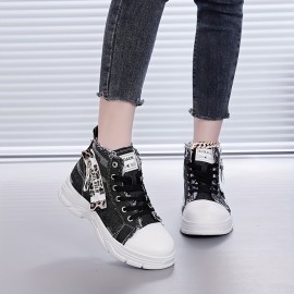 [Distressed High-Top Sneakers] Distressed High-Top Sneakers for Women | Fashion Casual Style, Thick Sole, Lace-Up Closure, All-Season Wear - Blue Jean Styl