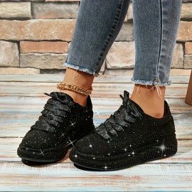 Women'S Sparkling Rhinestone Low-Top Sneakers - Comfortable & Durable Casual Shoes with Lace-Up Closure, Round Toe, and Rubber Sole for All-Day Wear, Ladies Sneakers
