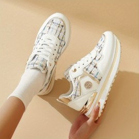 [Desai Women's Sneakers] Desai Women's Chic White & Golden Embellished Sneakers - PU & Fabric Upper, Thick Cushioned PVC Sole, Lace-Up Low-Top Casual Shoes for All-Season Comfort, Ladies Sneakers, Comfortable Footwear, Durable Footwear