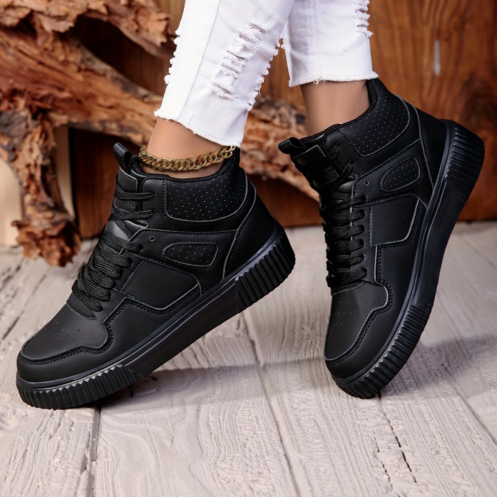 [Black High-Top Sneakers] Black Synthetic Women's High-Top Casual Sneakers | EVA Sole & Breathable Fabric Lining | All-Season Comfort for Casual Attire