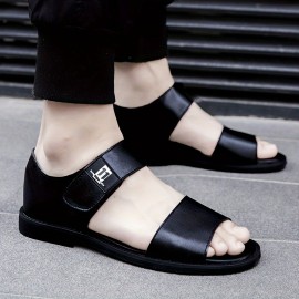 [Breathable Summer Sandals] Men's Genuine -like Strap (Second-Layer Cowhide) Adjustable Hook-and-Loop Sandals - Black Cushioned PU Insole & Non-Slip Rubber Sole - Breathable Summer Beach for Casual, Pool, Walking - Round-Toe Dress Sandals (No Laces)