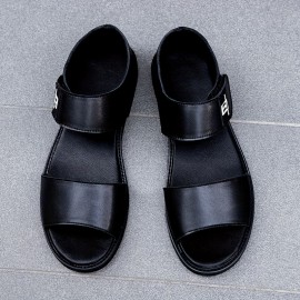 [Breathable Summer Sandals] Men's Genuine -like Strap (Second-Layer Cowhide) Adjustable Hook-and-Loop Sandals - Black Cushioned PU Insole & Non-Slip Rubber Sole - Breathable Summer Beach for Casual, Pool, Walking - Round-Toe Dress Sandals (No Laces)