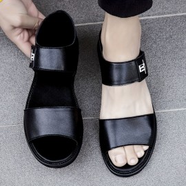 [Breathable Summer Sandals] Men's Genuine -like Strap (Second-Layer Cowhide) Adjustable Hook-and-Loop Sandals - Black Cushioned PU Insole & Non-Slip Rubber Sole - Breathable Summer Beach for Casual, Pool, Walking - Round-Toe Dress Sandals (No Laces)
