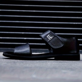 [Breathable Summer Sandals] Men's Genuine -like Strap (Second-Layer Cowhide) Adjustable Hook-and-Loop Sandals - Black Cushioned PU Insole & Non-Slip Rubber Sole - Breathable Summer Beach for Casual, Pool, Walking - Round-Toe Dress Sandals (No Laces)