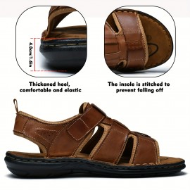 Men'S Genuine Leather Sandals - Classic Open-Toe Summer Beach Shoes with Adjustable Hook & Loop Strap, Non-Slip PVC Sole for Casual, Water Sports & Daily Wear, Strappy Sandals