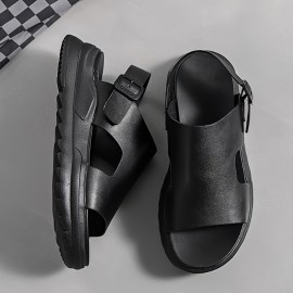 [Breathable Summer Sandals] Breathable Men's Summer Slip-On Beach Sandals | Anti-Slip Thick Rubber Sole, PU Upper for Outdoor Hiking, Casual Wear & Vacation | Black