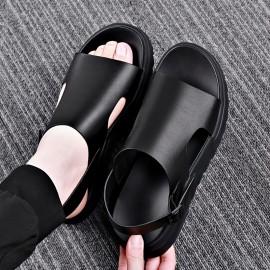 [Breathable Summer Sandals] Breathable Men's Summer Slip-On Beach Sandals | Anti-Slip Thick Rubber Sole, PU Upper for Outdoor Hiking, Casual Wear & Vacation | Black