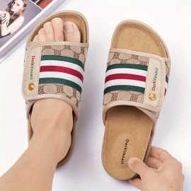 Men'S Comfortable Casual Beach Slippers, Breathable Striped Print with Brand Decorative Buttons and Embroidery, Flat Shoes High-Quality Casual Footwear, Suitable for Use in 11 Festivals