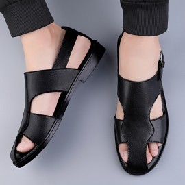 Men's Solid Color Close Toe Sandals, Comfy Non Slip Split Cow Leather Upper Rubber Sole Walking Shoes, Men's Summer Footwear