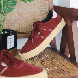 Men's Burgundy Low-Top Dopamine Shoes - Lace-Up Sneakers with Glossy Burgundy & Golden-Tan Trim, EVA Cushioned Arch, Solid Color Casual & Light Training Shoes for Spring/Fall, Skate Shoes, Gym, Semi-Formal - Minimalist Design, Durable -like Texture (No Laces Required) - Men's Fashion Sneakers with -like Upper & EVA Sole, Lace-Up Closure, Solid Color  Casual Sneakers for Men, Shoes for Men Casual, Mens Sneakers High Quality, Canvas Shoes, Wide Shoes for Men, Mens Sneakers