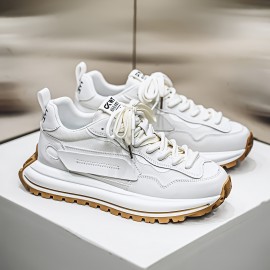 Men's Summer Casual Sneakers - Breathable Low-Top Lace-Up Shoes with Thick Cushioned Sole, White & Navy Blue Letter Print Design, PU/Fabric Upper & Outsole for Outdoor, Daily Wear & Street Style, Outdoor Sneakers, Fabric Lined Interior, Minimalist Design, Durable Construction, Active Lifestyle