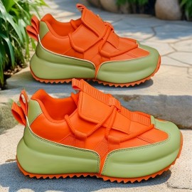 Men's Plus Size Breathable Mesh Sneakers - Lime Green & Orange Accents, Low-Top Lace-Up Casual Streetwear Shoes with Durable PVC Sole for All-Season Outdoor & Daily Wear, Fabric Interior Lining