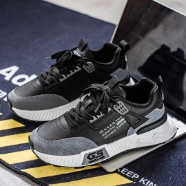 Men's Non-Slip Sneakers - Slip-Resistant Cushioned Platform, All-Terrain Traction for Gym, Running, Casual - Low-Top Sneakers Black/Gray/ - PU Upper & PVC Sole - Lace-Up Athletic Footwear, Outdoor Activities, Streetwear Style, Breathable Lining, Versatile Kicks, Fitness Enthusiasts