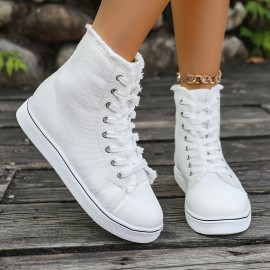 Women's High-Top Sneakers - 4 Colors (Black/White/Light Grey/Dark Brown) | Breathable Upper with Frayed Lace Edges | All-Season Round Toe Design | Cushioned PU Sole | Casual & Semi-Formal Wear | Hand Washable Everyday Shoes