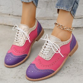 Women's Large Size Brogue Lace-Up Shoes - Vibrant Purple/Pink/Green/Black/Golden/Blue/Pinkish-Purple/Greenish-Purple, Round Toe Low-Top Ankle Boots with PU/PVC Sole, All-Season Casual & Formal Dress Shoes for Everyday & Special Occasions, Comfortable & Durable with EVA/Rubber Insole, PVC Lining, and Stylish Brogue Detailing for a Chic Look, Extra Wide Width Shoes for Women, Womens Casual Sneakers, Wide Fit Shoes for Women Plus Size, Coloured Sneakers for Women,