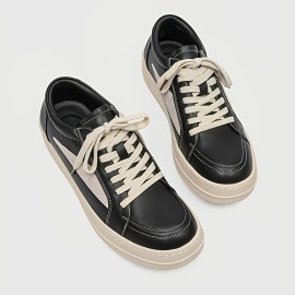 Men's Skate Shoes - Thick Platform Sole for Height Increase & Cushioned Grip - Black/Beige Colorway - PU Upper & Non-Slip Rubber Outsole - Lace-Up Low-Top Sneakers for Streetwear, Skateboarding, Gym, Everyday - All-Season Urban Fashion Shoes