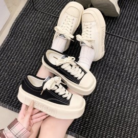 Women'S Chunky Platform Shoes - Low-Top Lace-Up Shoes with Cushioned Insole, Non-Slip Rubber Sole - Beige/White/Black/ - Everyday & Formal Outfits