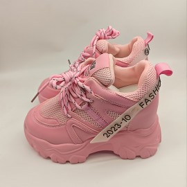 New Fashionable Women's Thick-Soled Lace-Up High-Top Height-Increasing Casual Sports Shoes, Versatile Color Outdoor Wearable Sneakers for All Four Seasons