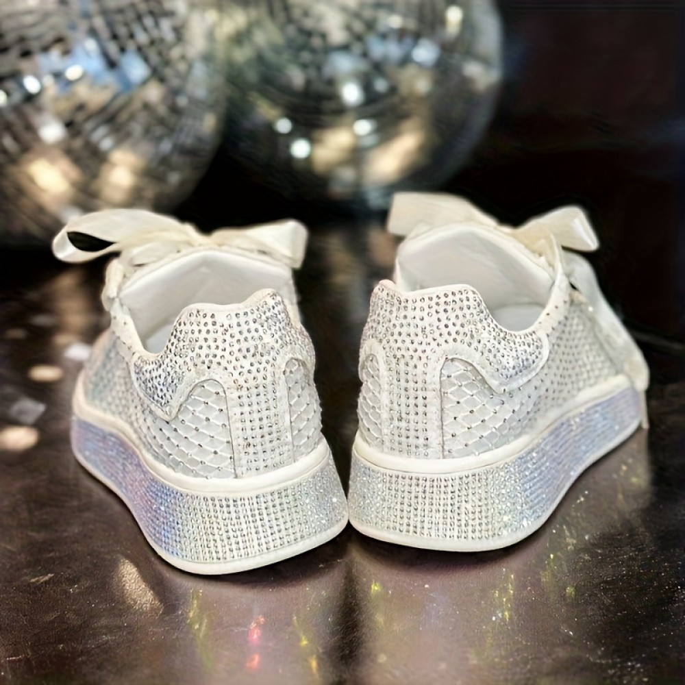Women's Lace-up Sneakers with Rhinestone Embellishments, Low Top Breathable Walking Shoes Rubber Soft-Sole, Wide Fit Sneakers for Women, Sport Shoes for Women High Quality, Embellished Sneakers, Extra Wide Width Shoes for Women, Sparkly Shoes for Women, Casual Footwear, Everyday Sneakers, Stylish Sneakers, Trendy Footwear, Highquality Construction, Durable Rubber Sole, Women's Sneakers, Women's Fashion, Wide Feet Shoes