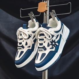 [Trendy Sneakers] Stylish Black & Yellow Men's Fashion Floral Contrast Sneakers | Low-Top Skate Shoes with Thick Lace-Up, Comfortable Rubber Sole for Casual and Outdoor Wear